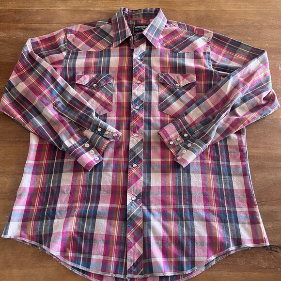 Vtg 90s WRANGLER Mens Pearl Snap L 17-34 Cowboy Cut X-Long Tails Single Needle - Picture 1 of 7